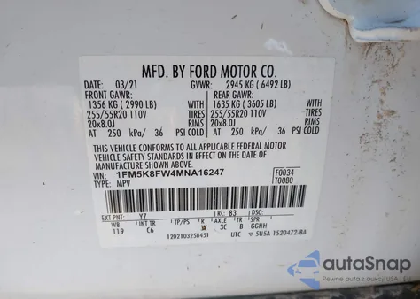 2021 Ford Explorer Limited z USA, uszkodzony, nr VIN 1FM5K8FW4MNA16247